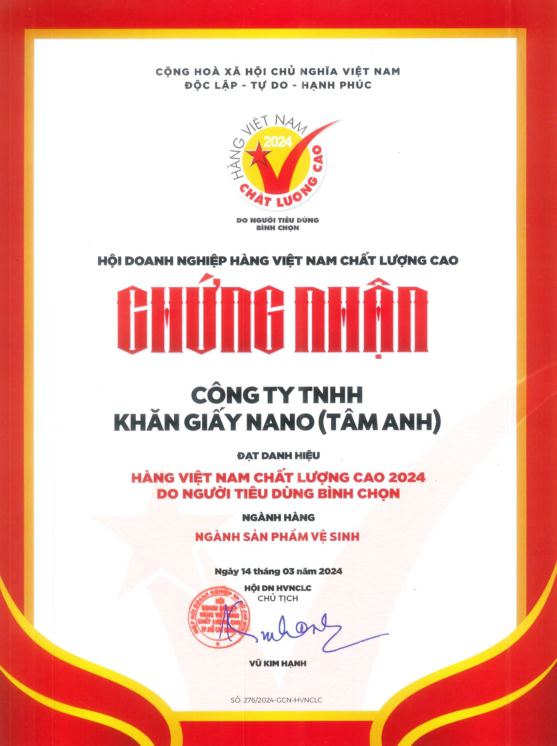 Nano vinh dự nhận danh hiệu hàng Việt Nam chất lượng cao năm 2024